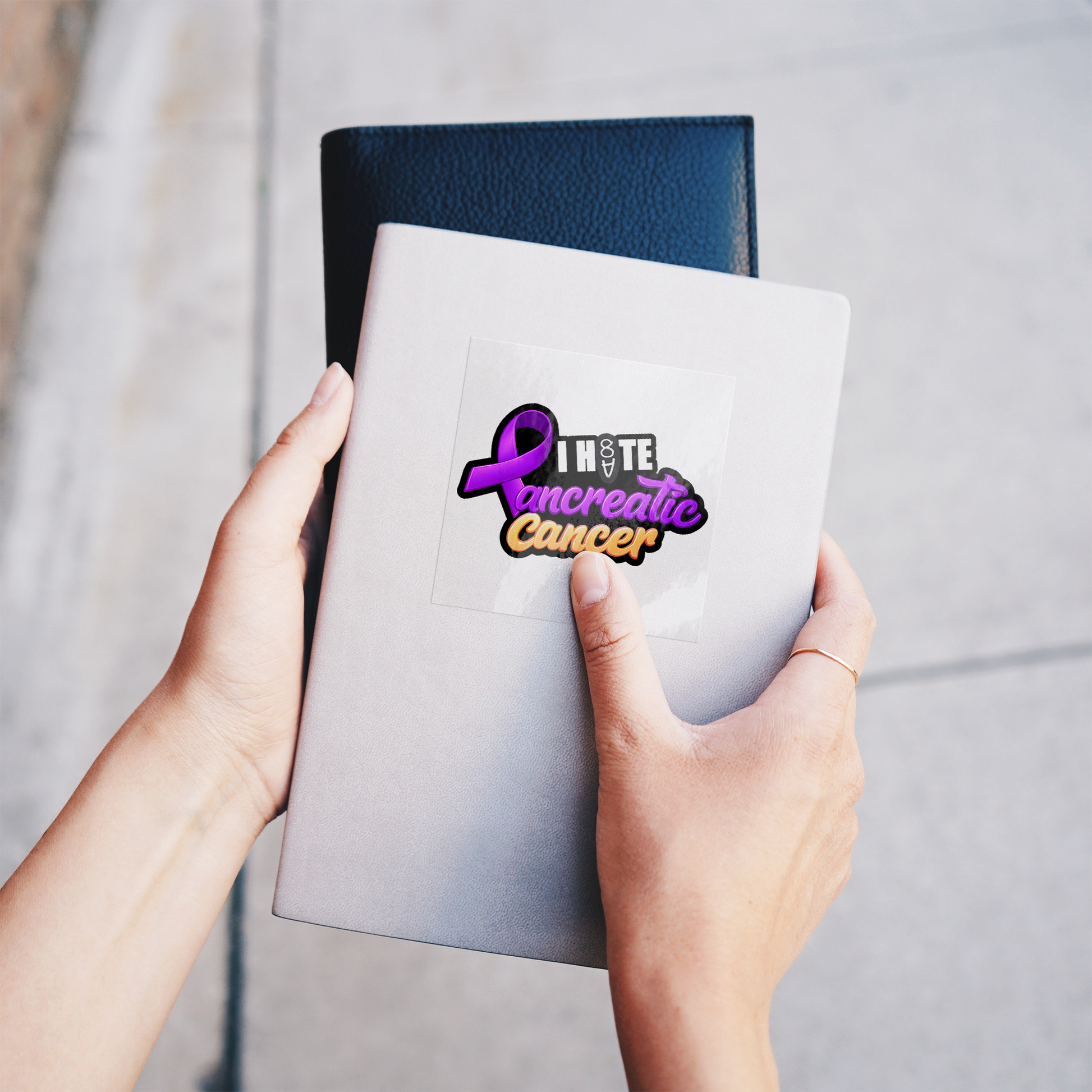 I_H8TE_Pancreatic_CANCER_Stickers_ClearSquareSticker_Notebook_Mockup.png