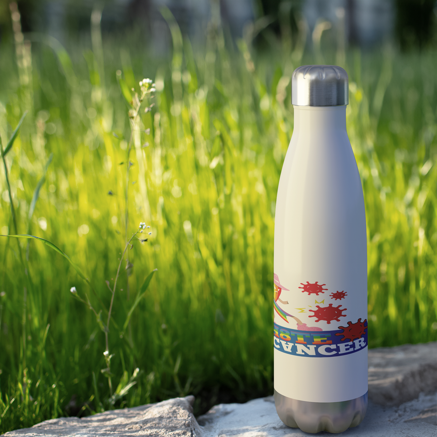 I_HATE_BREAST_CANCER_Stainless_Steel_Wat_WaterBottle_Outdoor_grass_Mockup.png