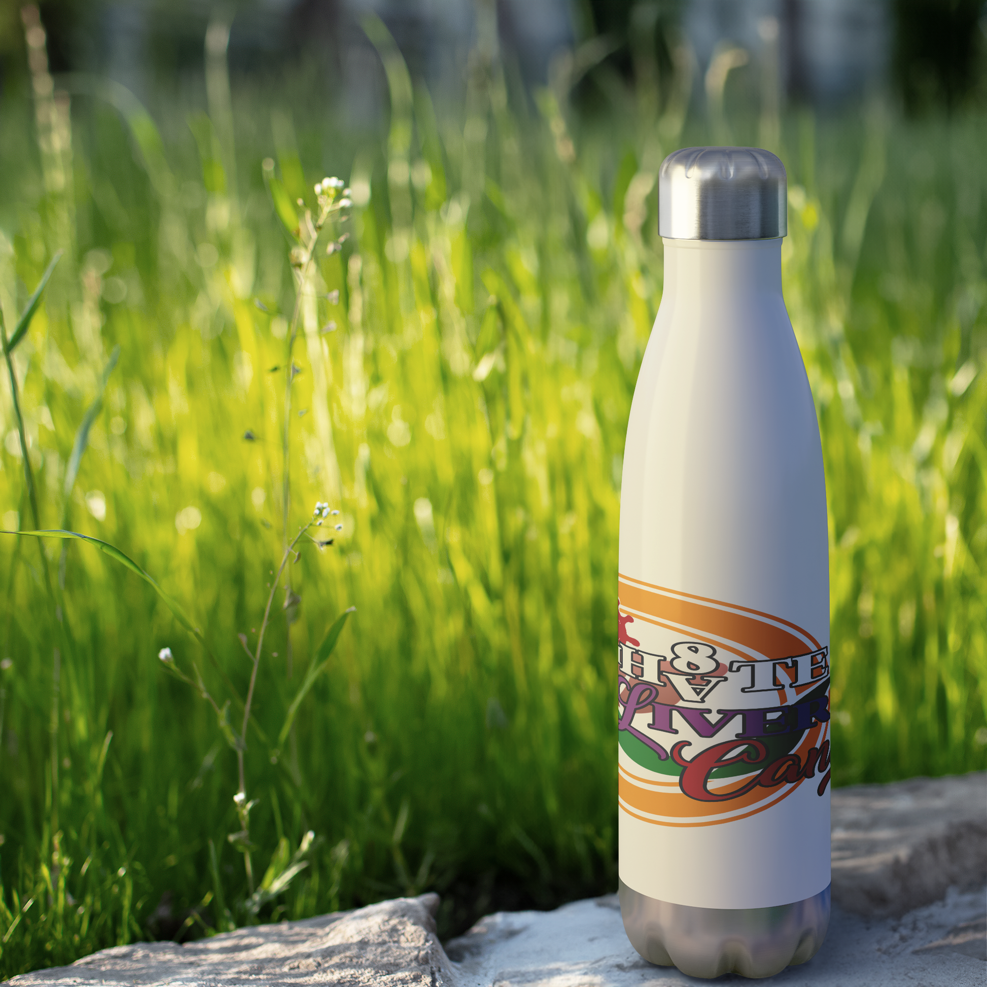 I_HATE_LIVER_CANCER_Stainless_Steel_Wate_WaterBottle_Outdoor_grass_Mockup.png